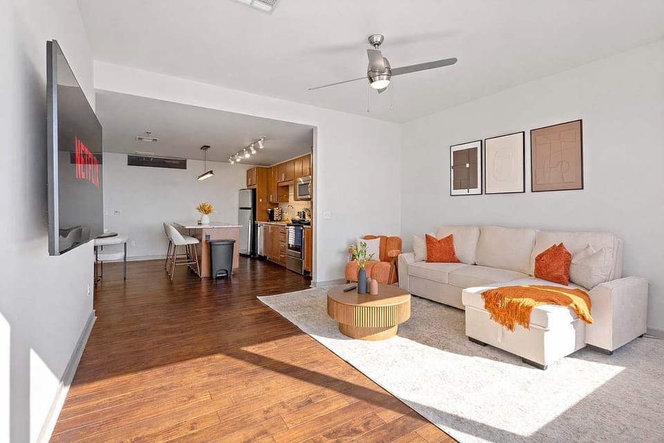 Experience seamless living with an open concept layout that flows from the living area to the kitchen and dining space. Ideal for extended stays, remote work, or enjoying meals while staying connected and comfortable.