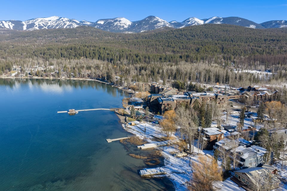 Aerial Views of the surrounding mountains and lake.
