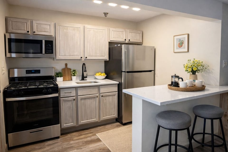 Fully equipped kitchen offering island seating and updated stainless appliances.