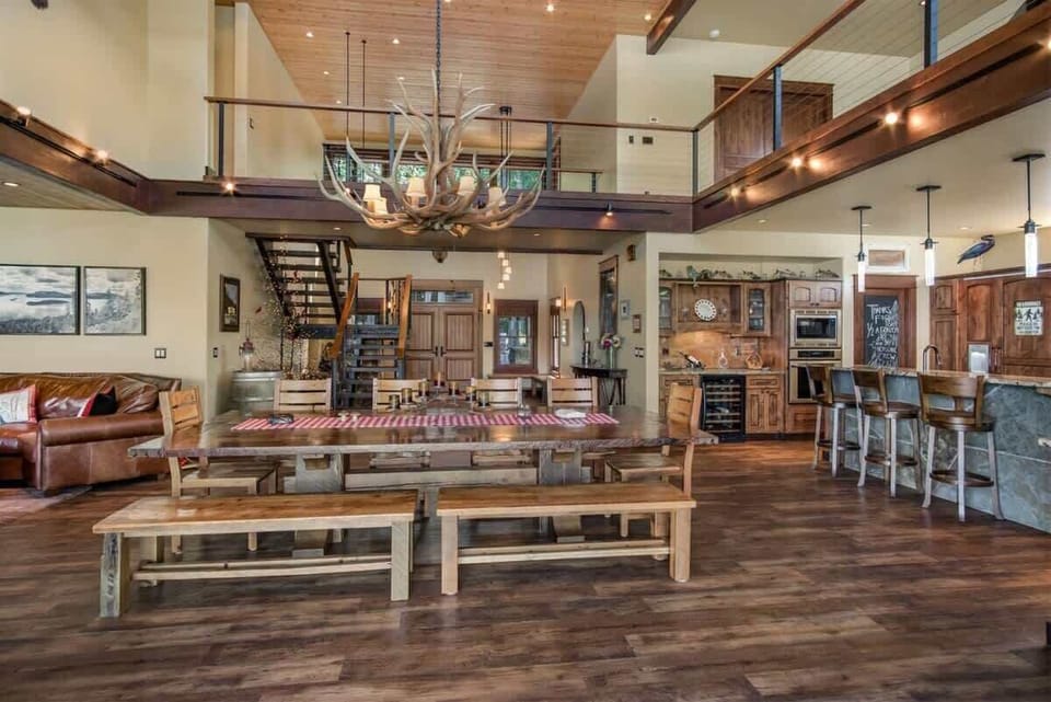 Dining table with kitchen island. 