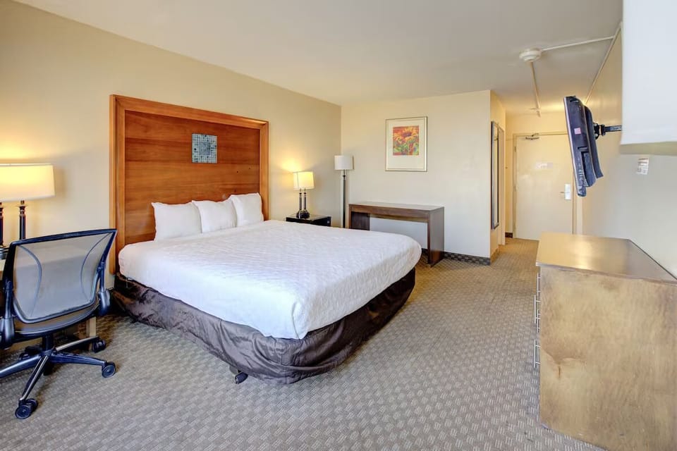 Settle in with a spacious layout, desk, and easy comfort.