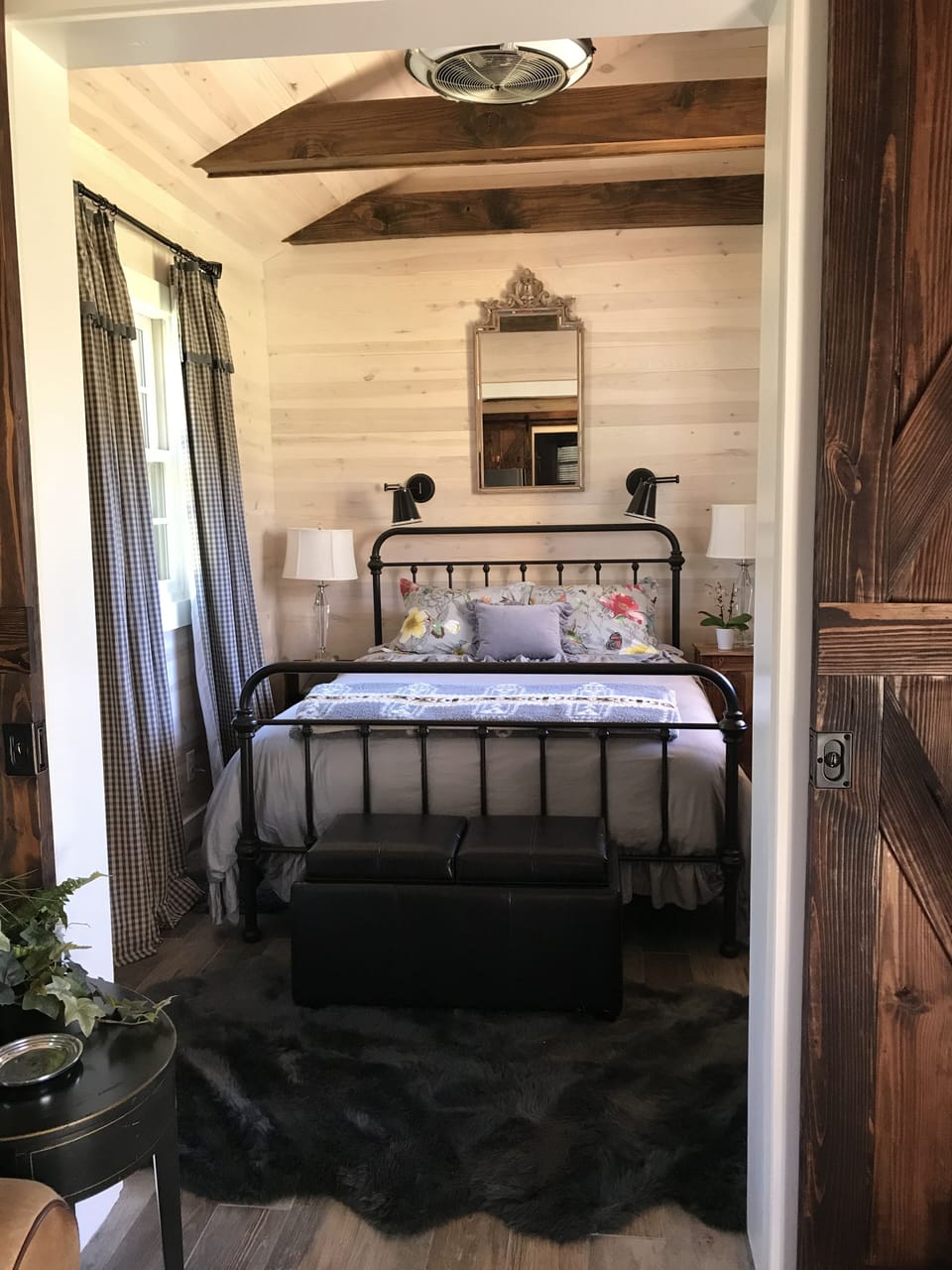 Bedroom with custom-built sliding doors.