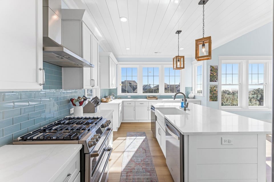 OPEN KITCHEN TO DINING, LIVING, OPEN DECK WITH GRILL AND VIEWS