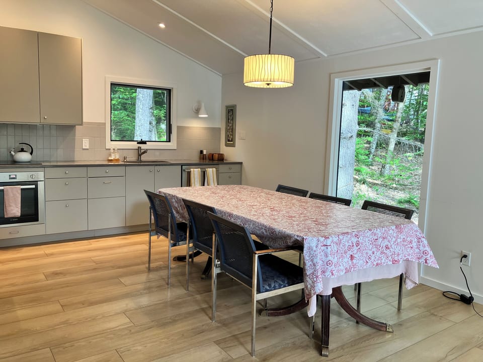 Dining area/kitchen with induction cooktop, 24" oven, and full-sized dishwasher.