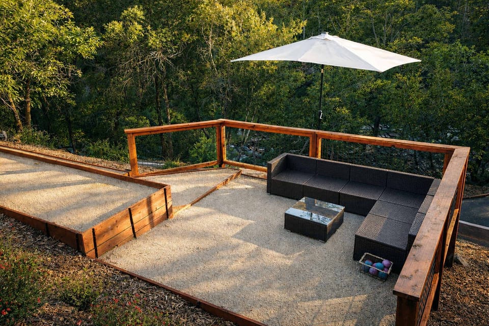 Challenge friends to a game on the bocce court, then relax in the L-shaped outdoor seating nearby.