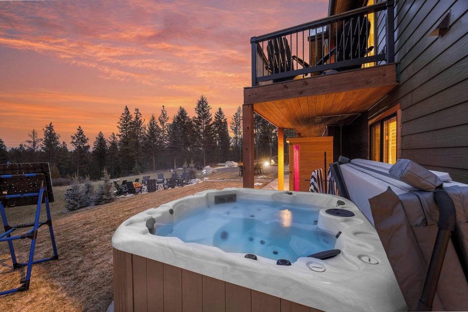 Private hot tub after lake days, Glacier hikes, ski trips, and Montana adventures