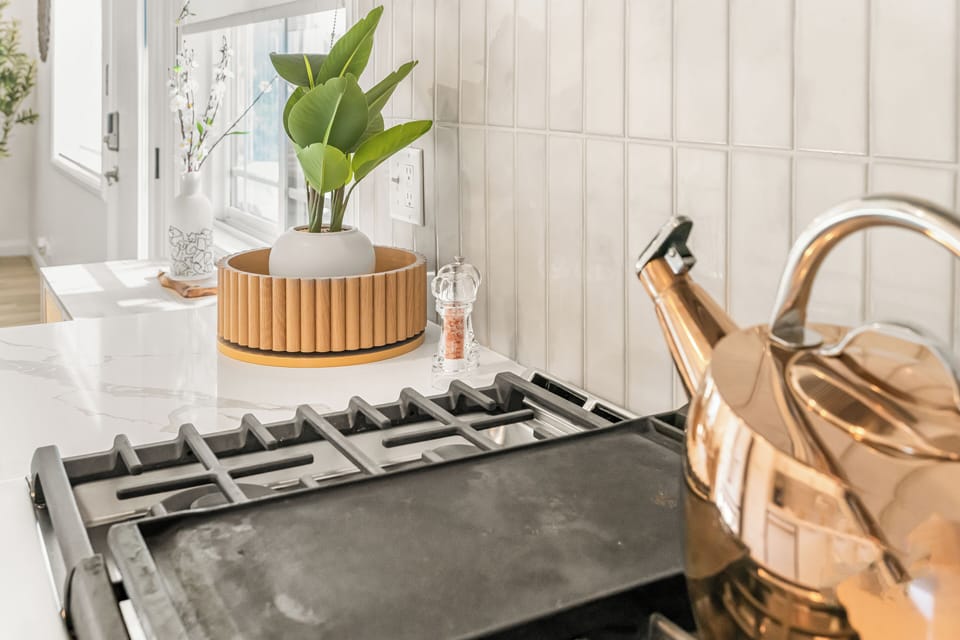 Modern gas stove and tea kettle, complemented by sleek white finishes and a potted plant.