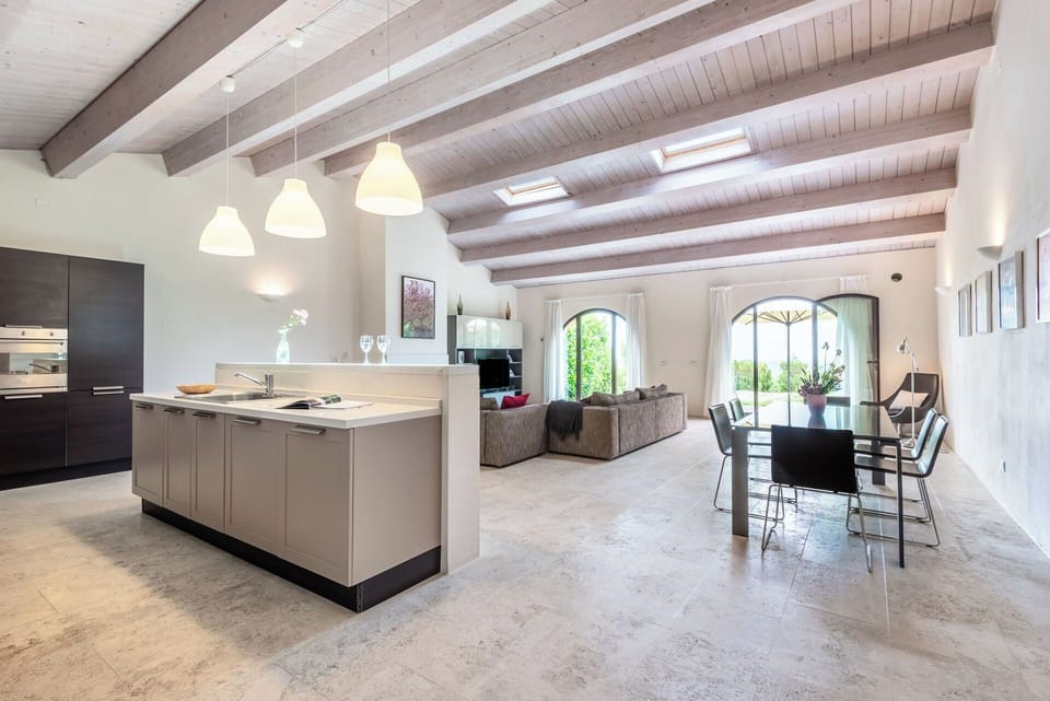 Interior Design, Flooring, Furniture, Ceiling, Wood, Floor, Light Fixture, Lighting, Kitchen, Architecture