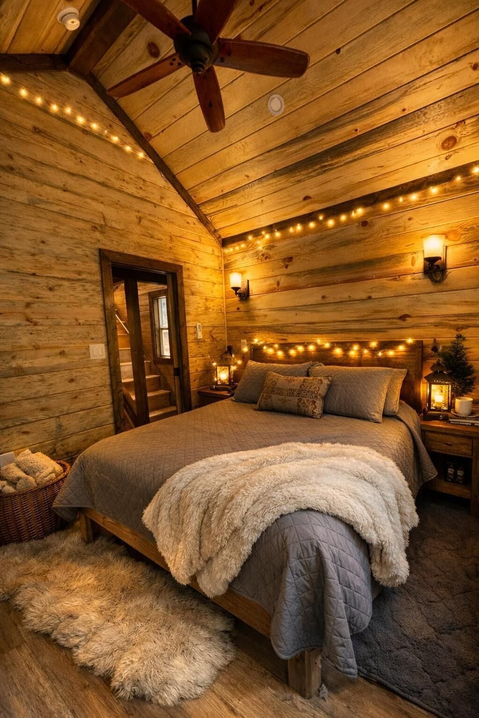 Cozy bedroom retreat with warm wood accents and ambient lighting