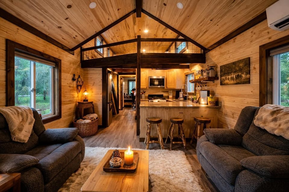 Cozy living room with rustic charm and warm lighting