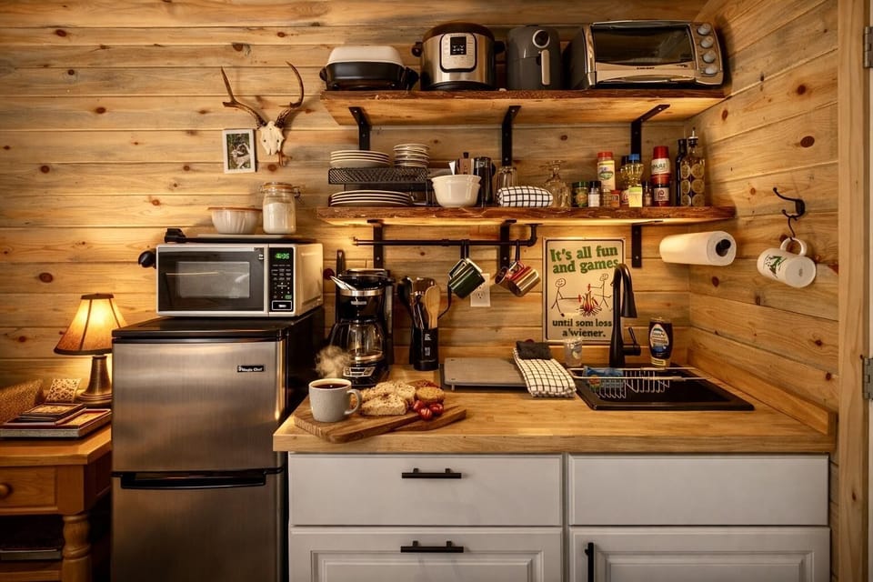Cozy rustic kitchen with warm wood accents and modern appliances