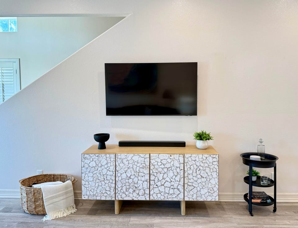 TV, Soundbar, and Bar Cart