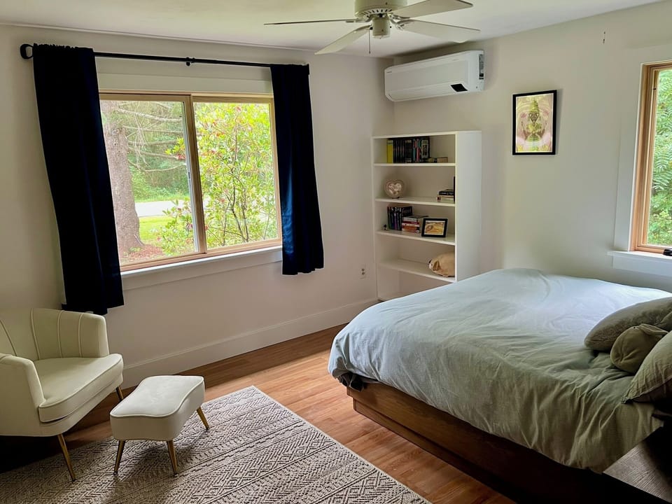 corner bedroom with chaise, closet space, night stand and bookshelves