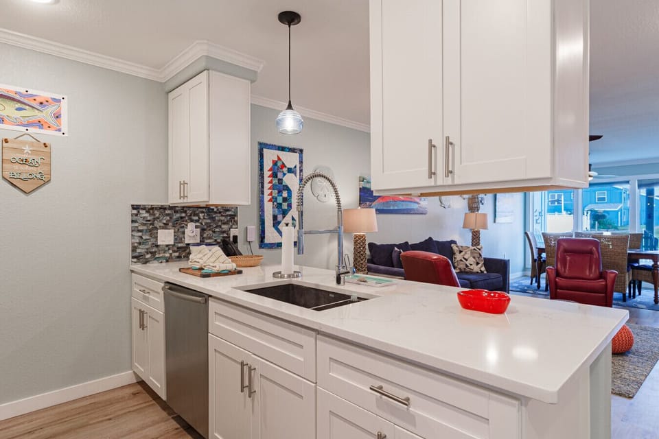 Bright kitchen overlooking living area