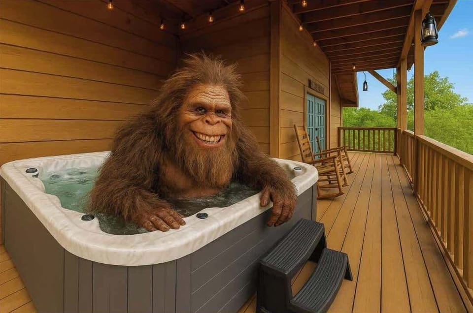 Relaxing hot tub on a private covered deck… and legend says Bigfoot might join you! Soak under the string lights and enjoy a little Smoky Mountain humor with your relaxation.