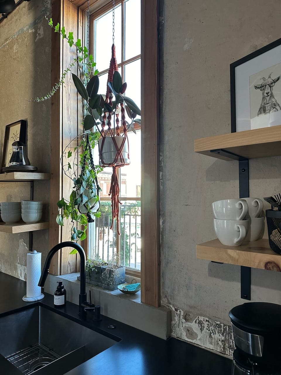 The kitchen offers a view of Main Street