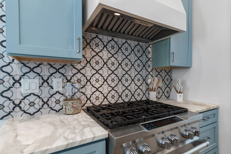 Gas range and built-in microwave.