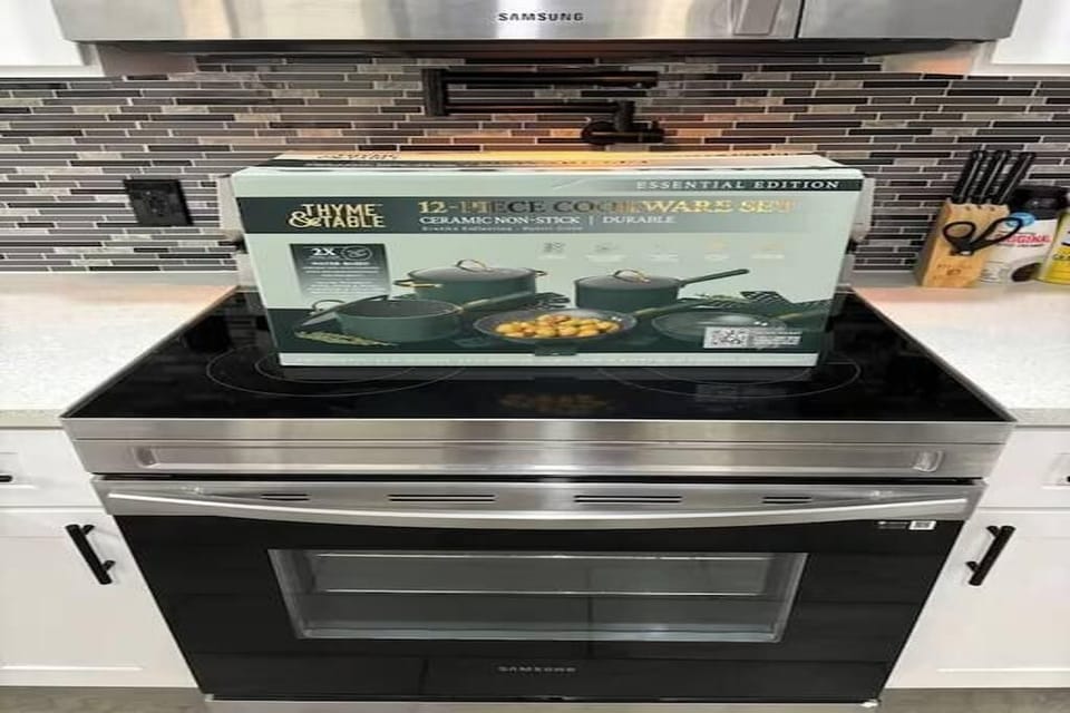 Modern kitchen with sleek stove and cookware