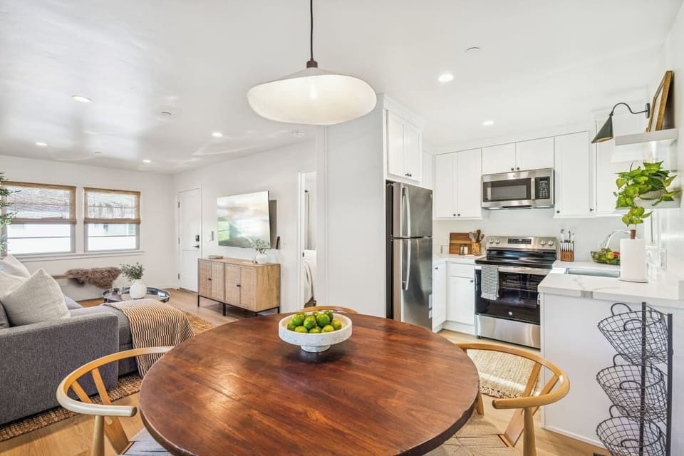 Cozy dining, living, and kitchen spaces.
