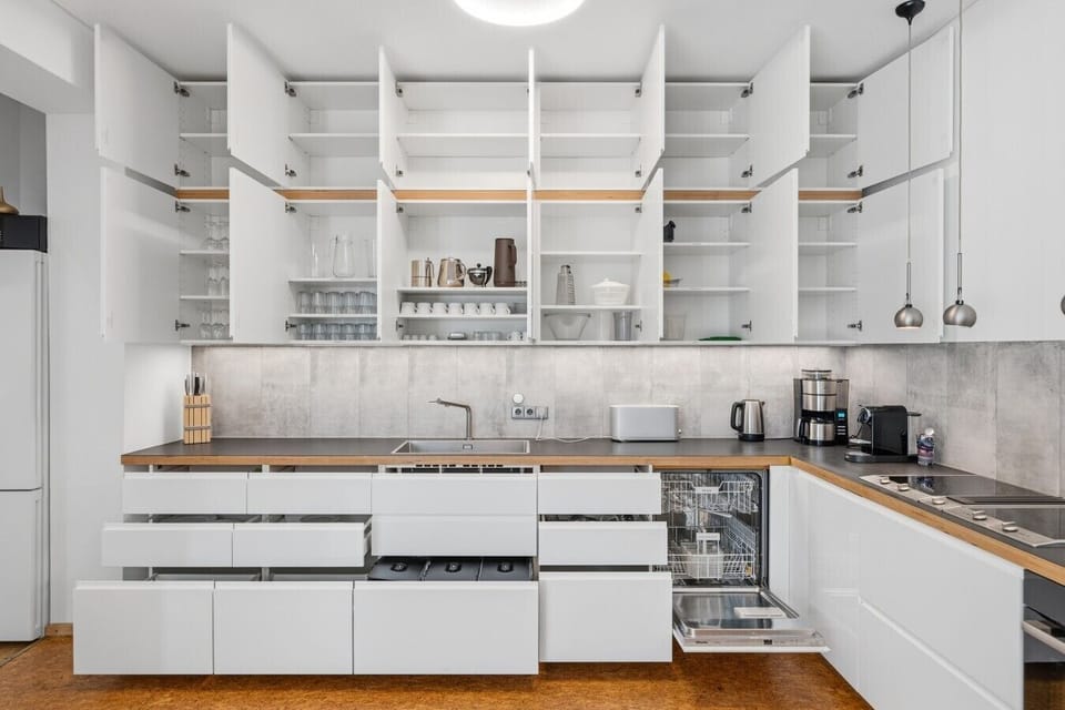Kitchen with opened cabinets