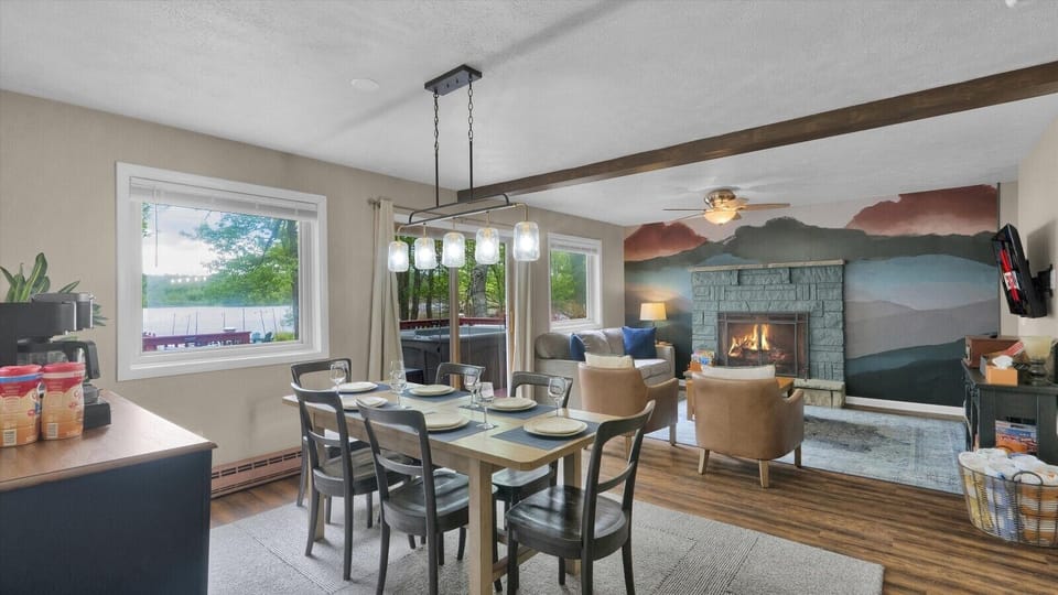 Enjoy beautiful lake views while dining in the kitchen or relaxing on the couches in the living area.