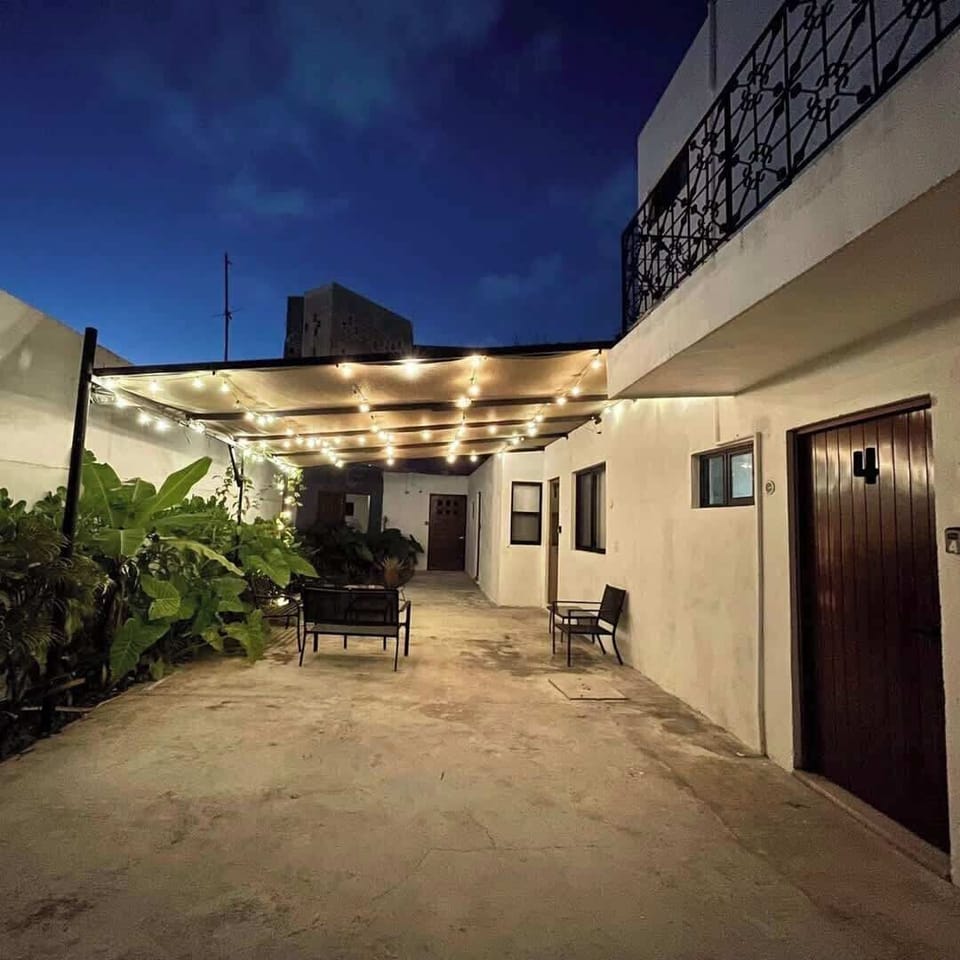 Shared common area and entrance walkway (evening view)