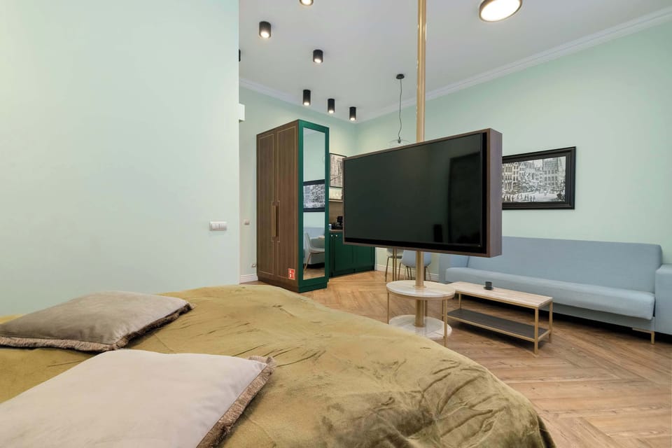 A wide shot of the studio combining the bed area and living space, with a TV positioned between functional zones.