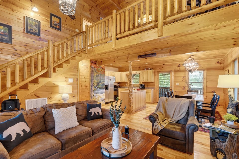 Bright, airy view of the great room showing the vaulted ceilings.