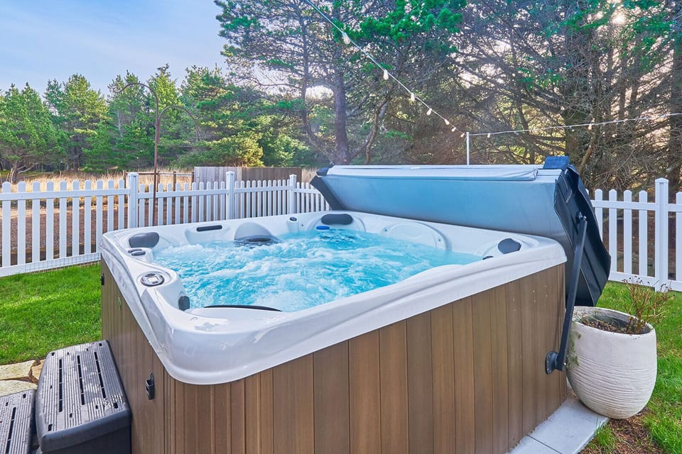 Enjoy a soothing soak in the hot tub any time of day