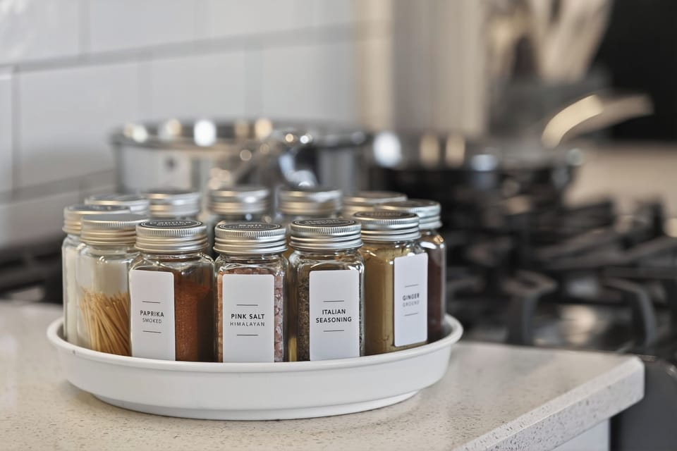 Chef-friendly kitchen with gas range and curated spice rack