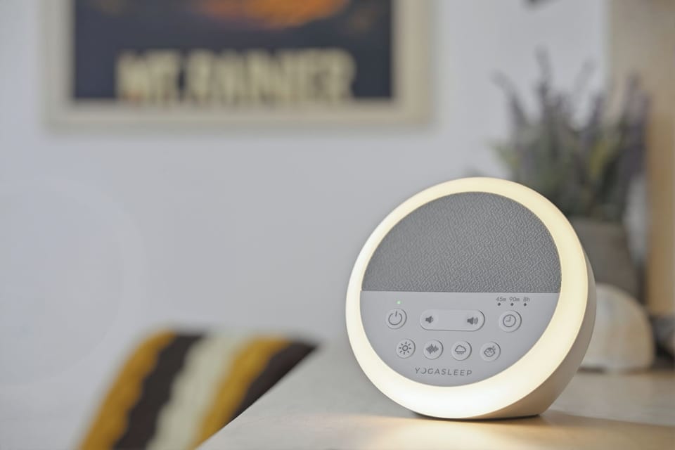 White-noise machine and soft night light for hotel-quality, restful sleep.