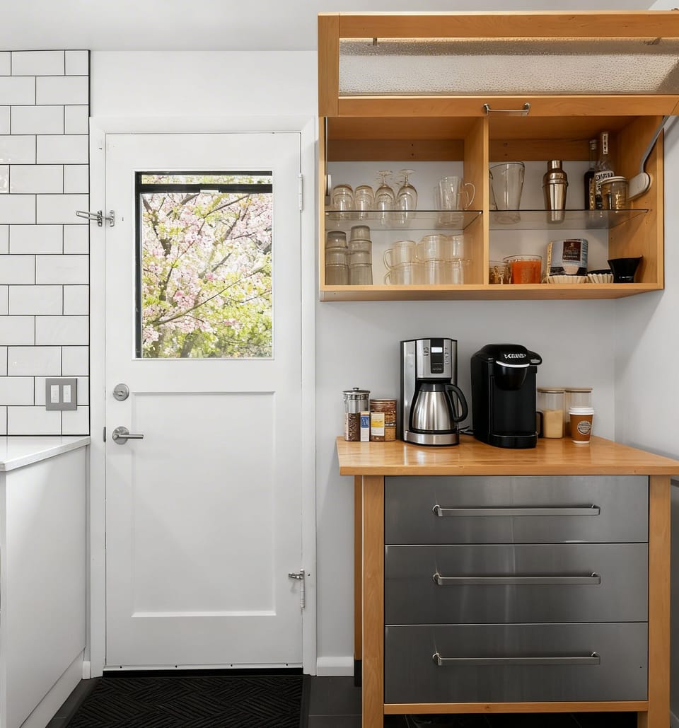 Sunny coffee bar with drip & Keurig brewers, glassware, and garden view