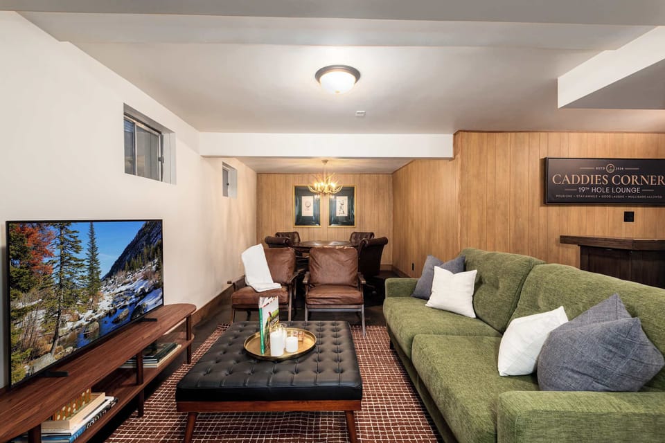 Cozy seating and Smart TV setup perfect for relaxing or movie nights.