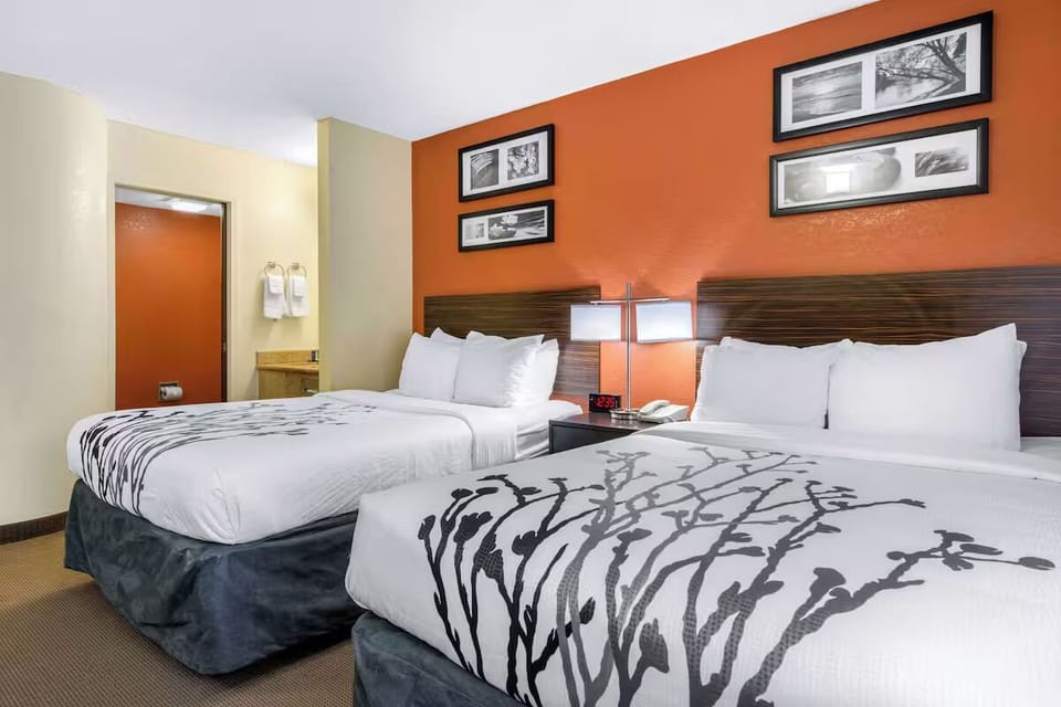 Relax together with roomy beds, warm lighting, and quiet privacy.