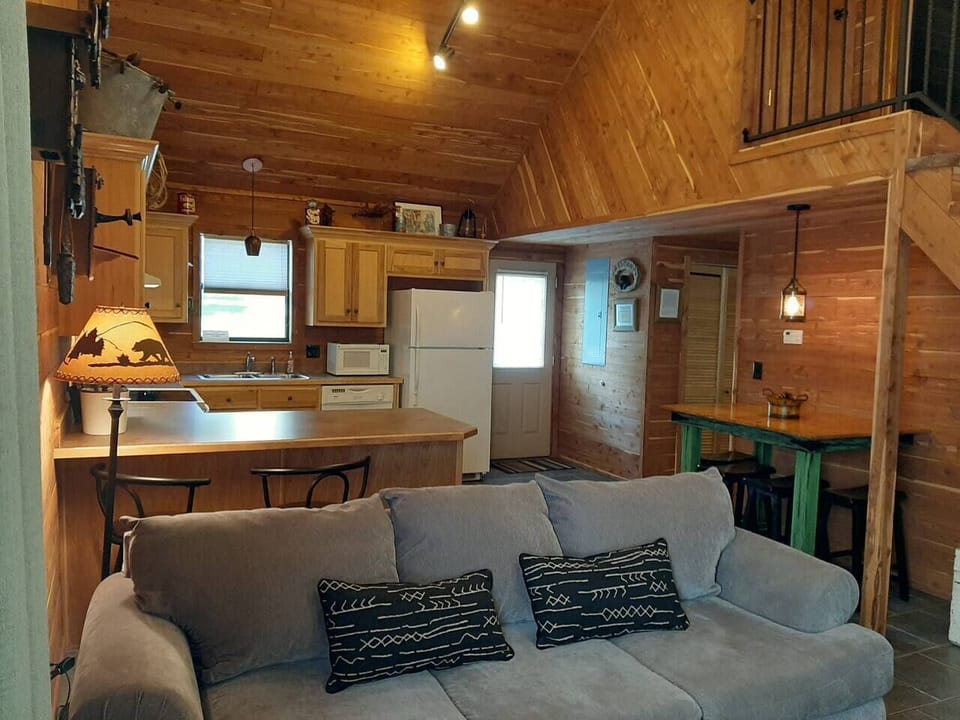 Living room view into kitchen