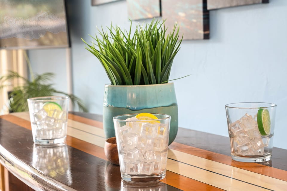 Bright detail shot featuring fresh greenery and coastal accents, adding a welcoming and serene touch to the space.