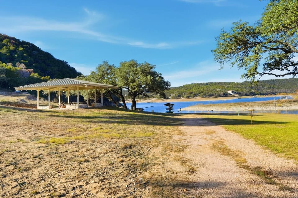 Covered lakeside pavilion—perfect for relaxing, picnics, and enjoying the views.