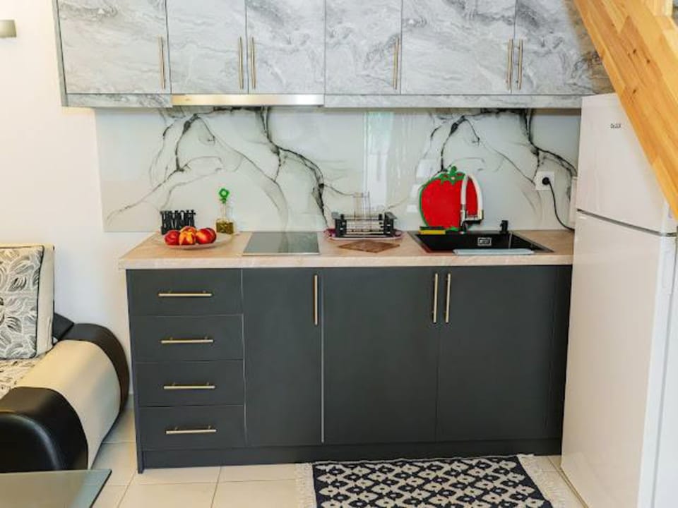 Fully equipped kitchenette with storage and counter space