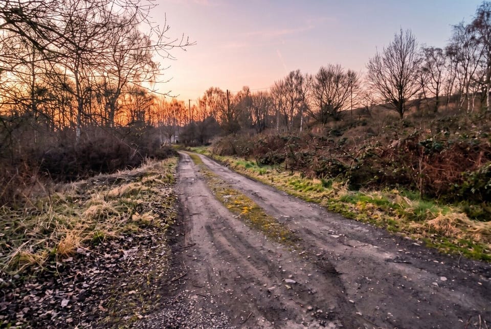 Wander the peaceful rural track as the sky glows at golden hour.
