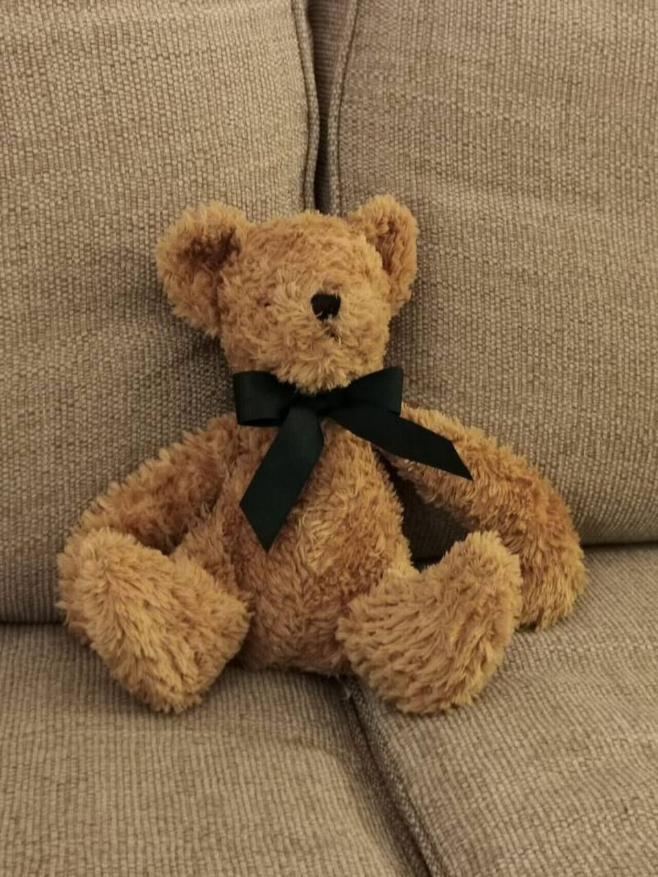 Close-up of a teddy bear placed on the sofa cushion.