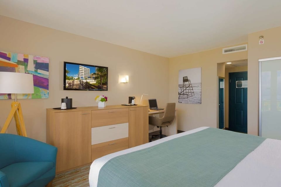 Settle in with a roomy desk and relaxing lounge chair.