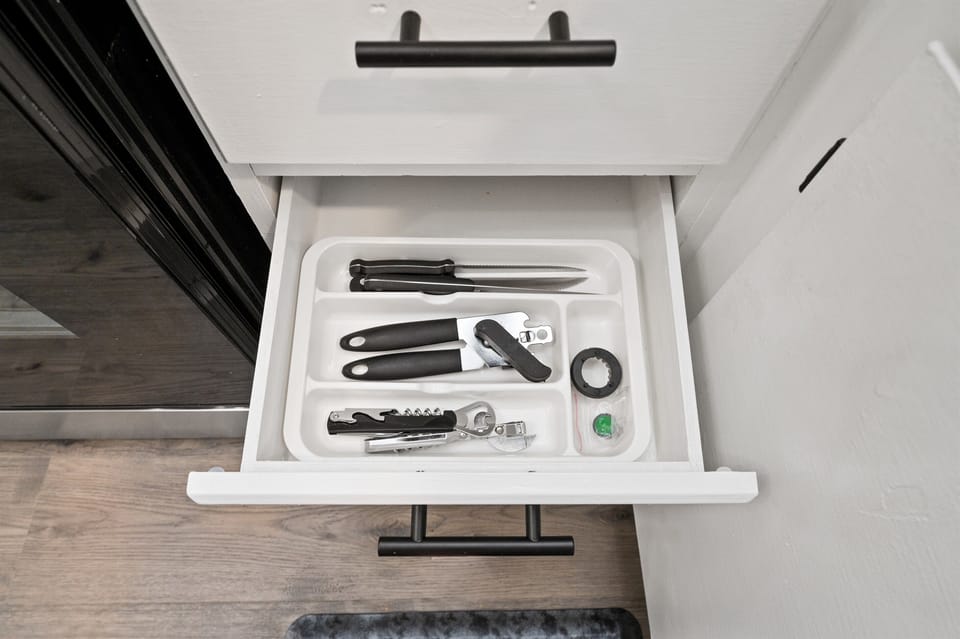 Cookware is plentiful in this beautiful apartment