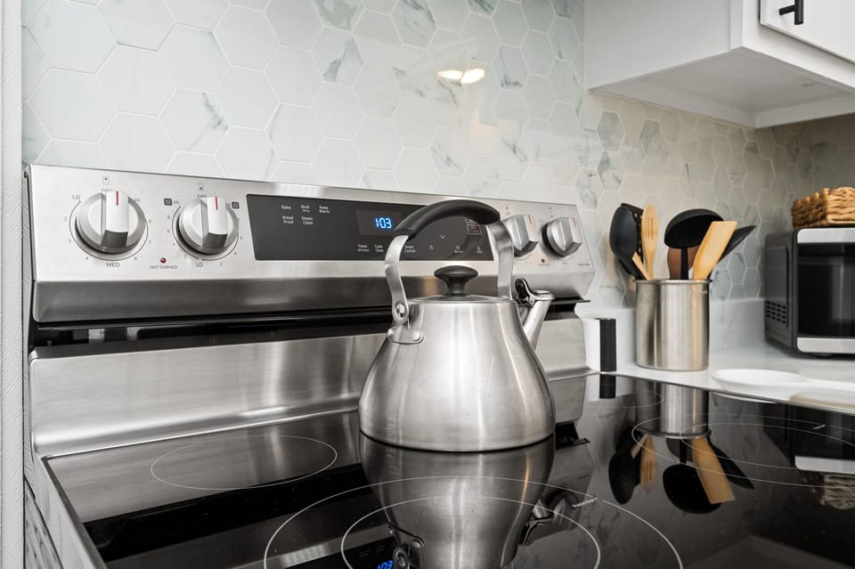 A kettle is provided so you can boil water quickly for your morning or nightly cup of tea!