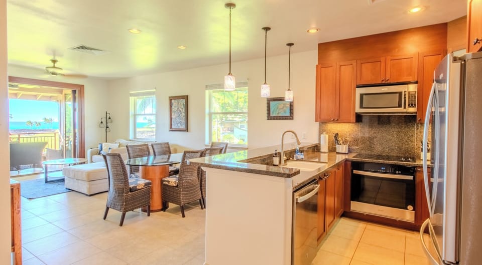 Share sunset dinners steps from the breezy lanai.