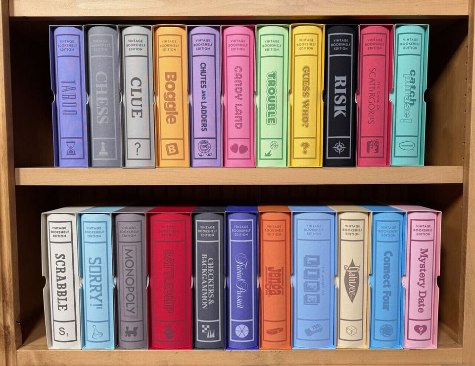 A game library disguised as a bookshelf, ready for everything from quiet strategy to all out competition