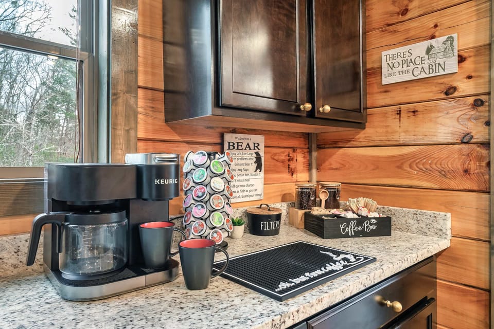 Fully stocked kitchen with Keurig and standard drip machines.