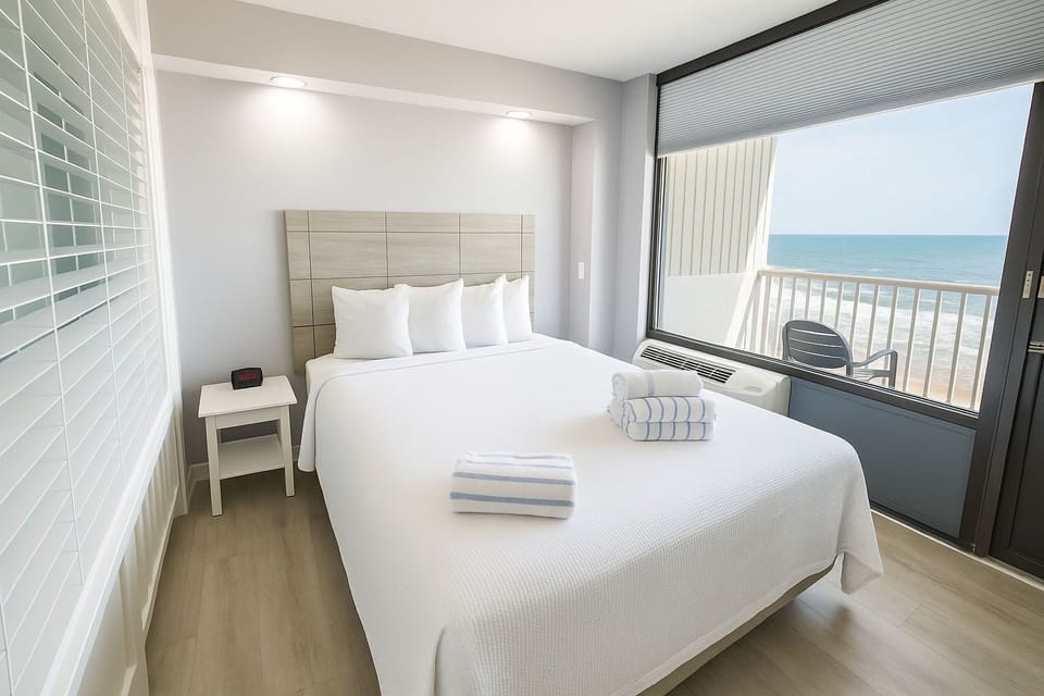 The cozy queen bed in the studio offers ocean views through expansive windows, inviting you to relax and unwind after a day at the beach.