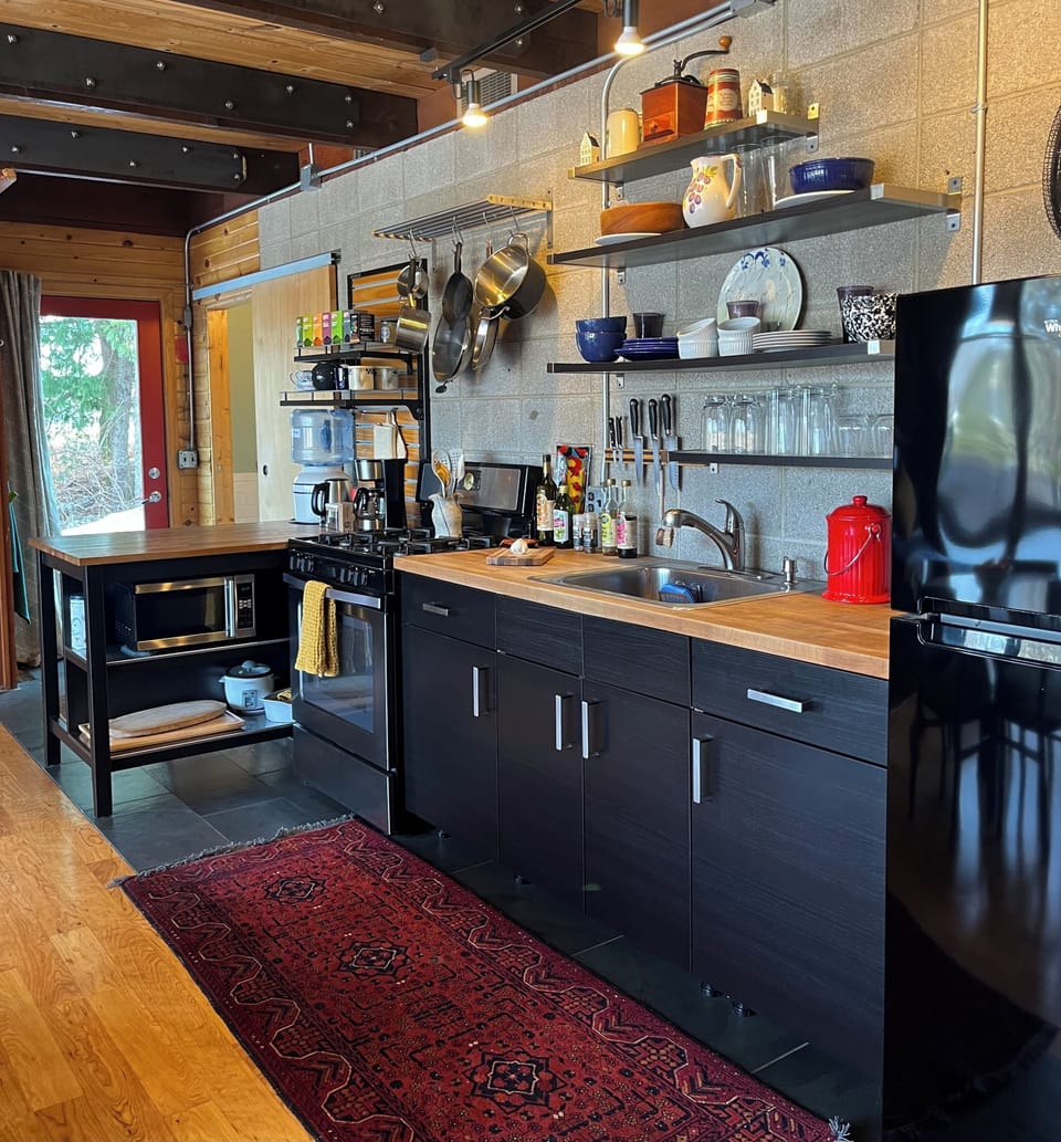 Fridge/freezer, stove/oven, trash/recycle/compost, spices, dishes, tea/coffee.