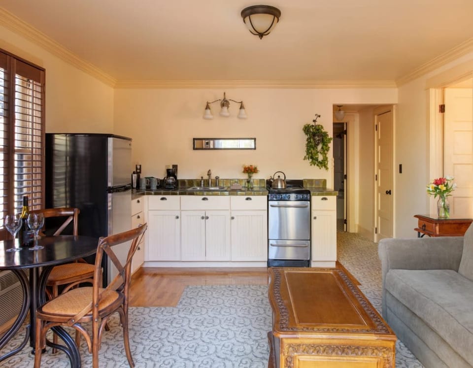 Gather for snacks in the bright kitchen and dining corner.