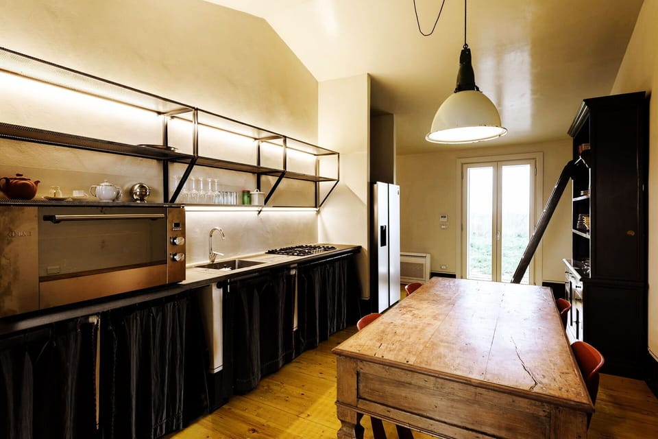Interior Design, Furniture, Flooring, Ceiling, Wood, Light Fixture, Floor, Lighting, Kitchen, Room